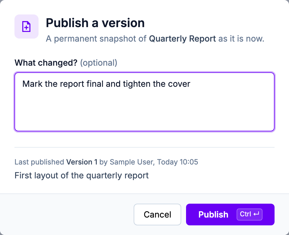 The Publish a version dialog, with a note describing what changed and the previously published version below it