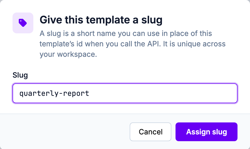 The Give this template a slug dialog, with quarterly-report typed into the Slug field