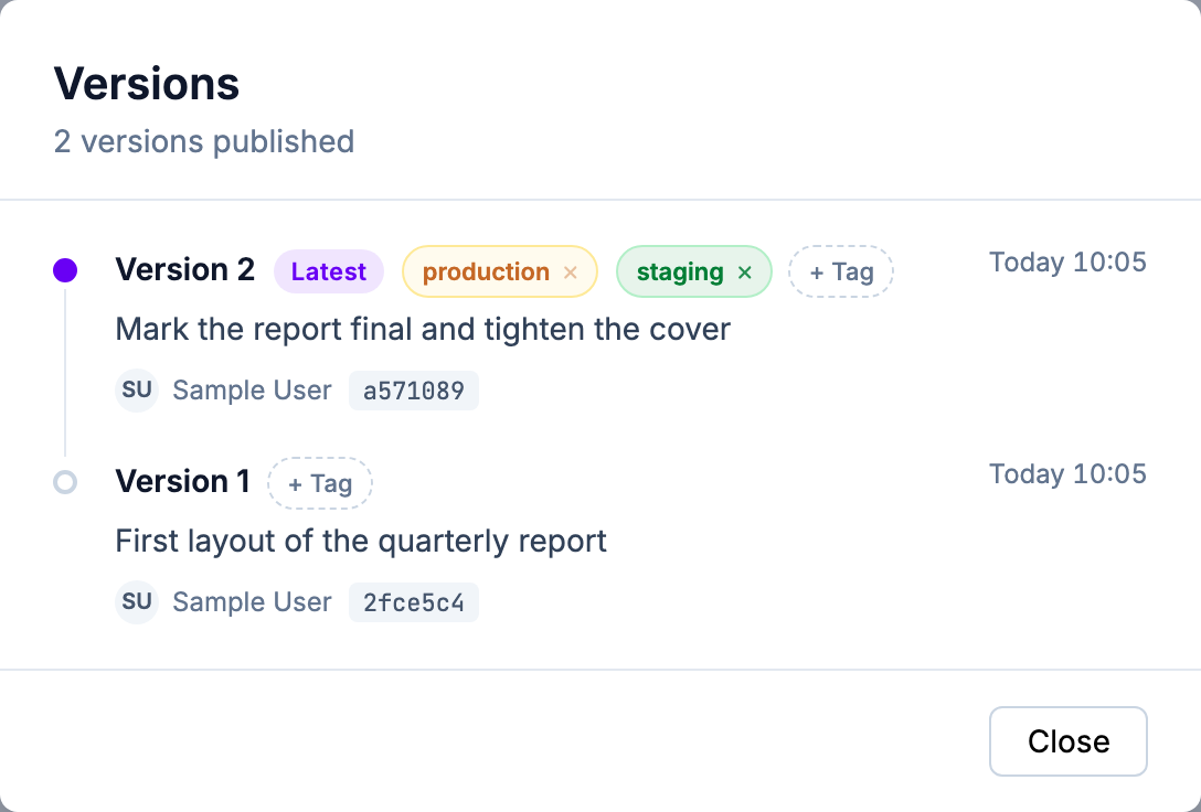 The Versions list after promotion: version 2 tagged both production and staging